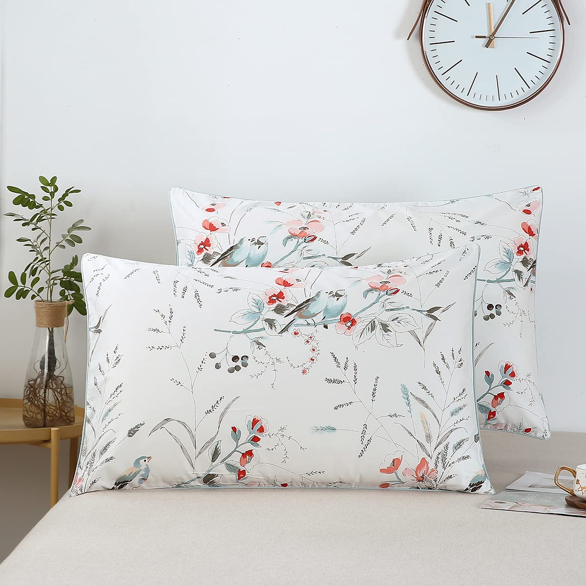 Winlife 100% Cotton Pillowcases Garden Floral Birds Printed On White Pillow Cases Pillow Cover Set Of 2 (Standard 20X26 Inches,