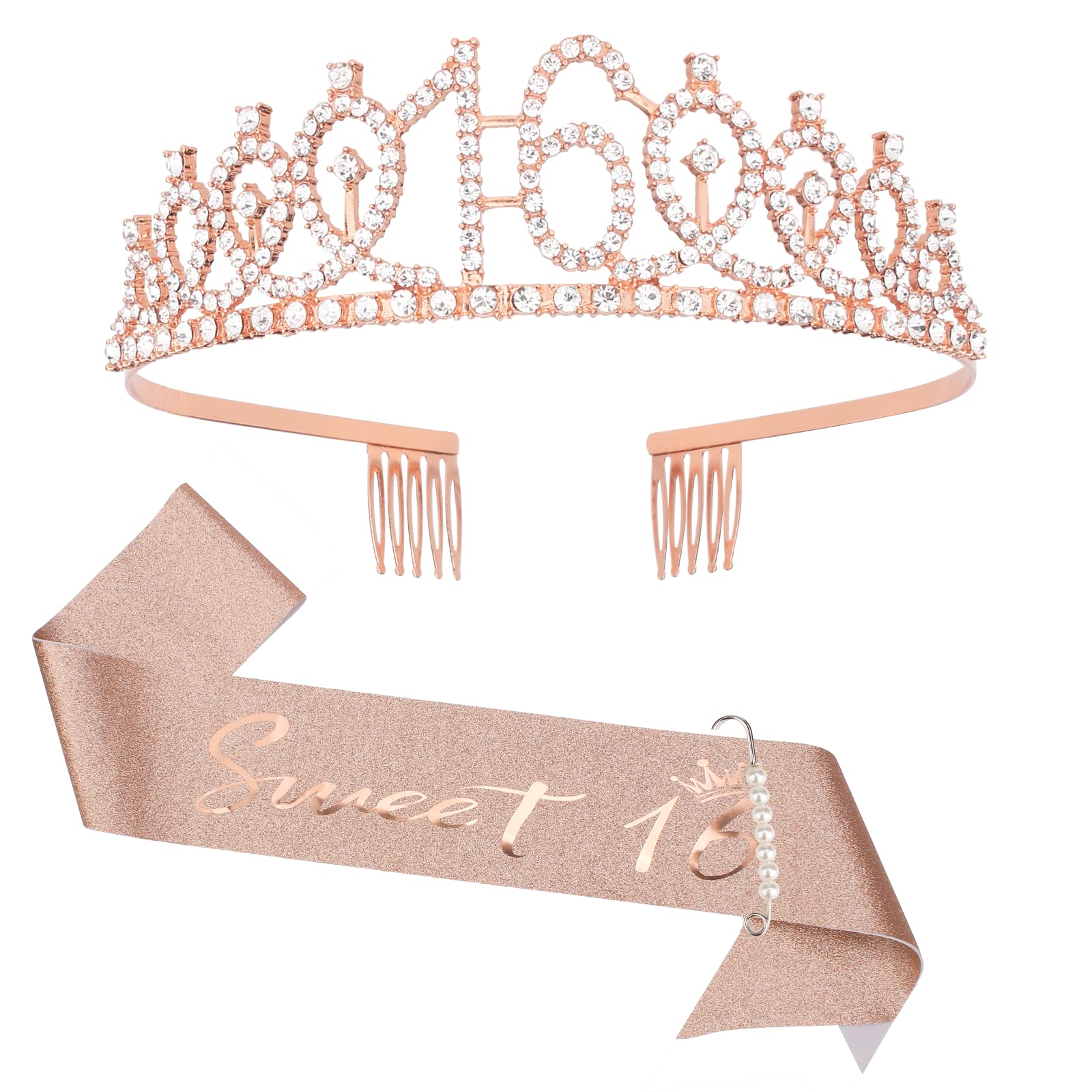 CIEHER 16th Birthday Crown & Sweet 16 Sash & Pearl Pin Set, Birthday Tiara and Crown for Girls, Birthday Girl Sash, Sweet 16 Bir