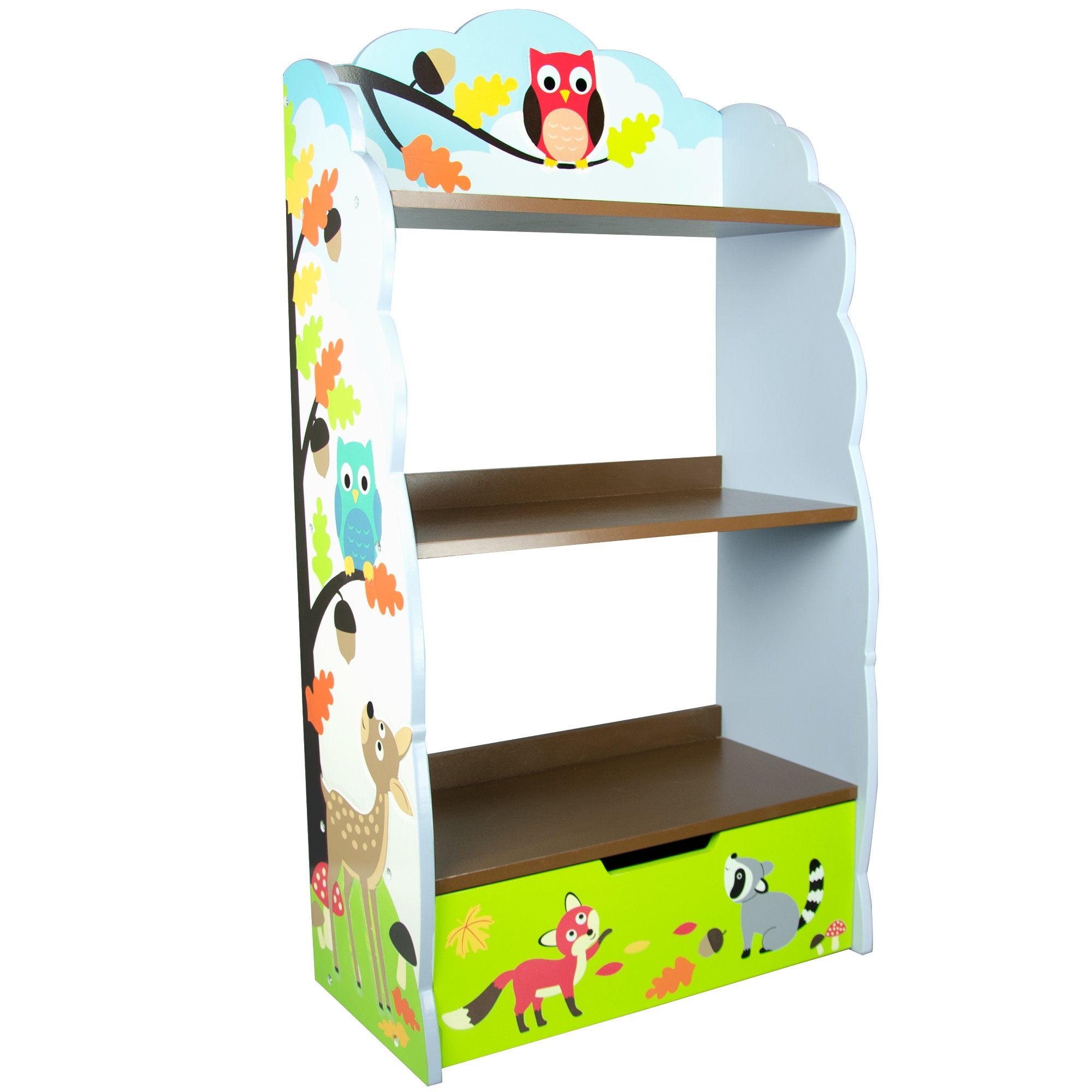 Fantasy Fields Enchanted Woodland Illustrated Kids Wooden Bookshelf with Storage Drawer for Toys, Clothes or Art Supplies and Ta