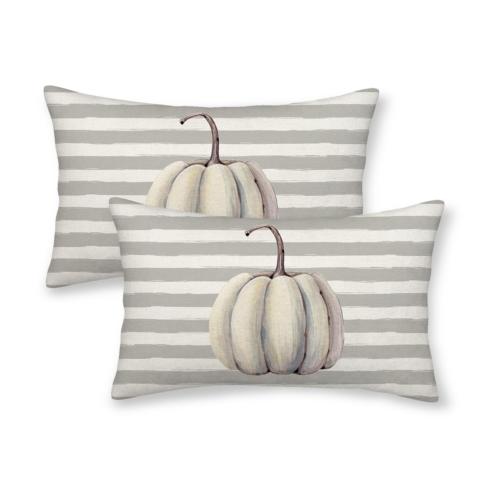 Fall Pillow Covers 12X20 Inch Set Of 2,Grey Pumpkin Throw Pillows Case,Gray Stripes Autumn Outdoor Decorative Square Linen Farmh