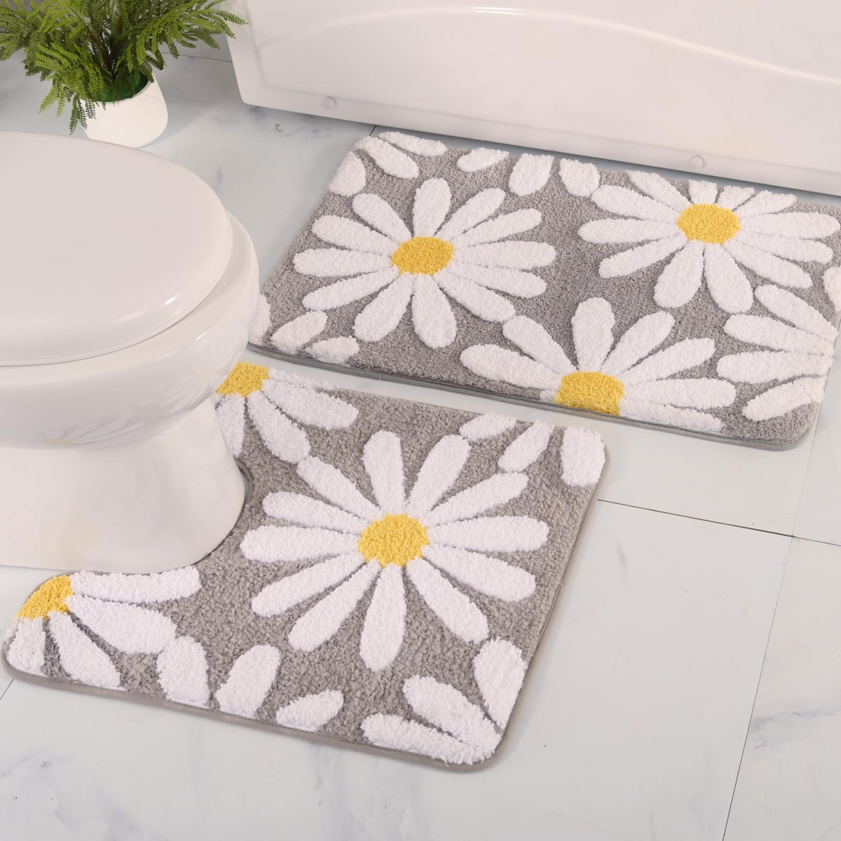QJHOMO Bathroom Rug Set 2 Piece, Cute Daisy Bath Mat Gray Toilet Rug U Shaped, Flower Deocr Bathroom Set Non Slip Contour Bathma