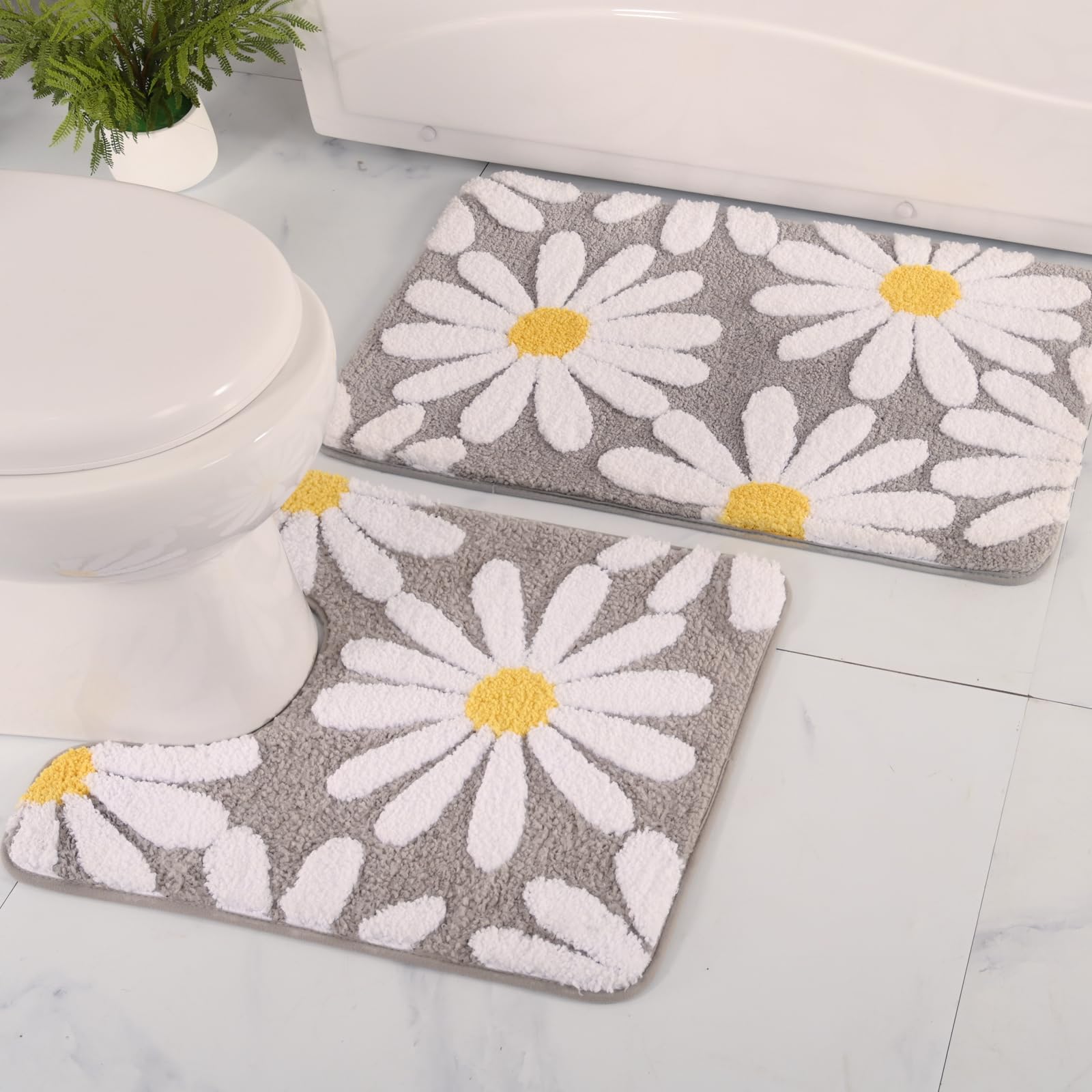 QJHOMO Bathroom Rug Set 2 Piece, Cute Daisy Bath Mat Gray Toilet Rug U Shaped, Flower Deocr Bathroom Set Non Slip Contour Bathma