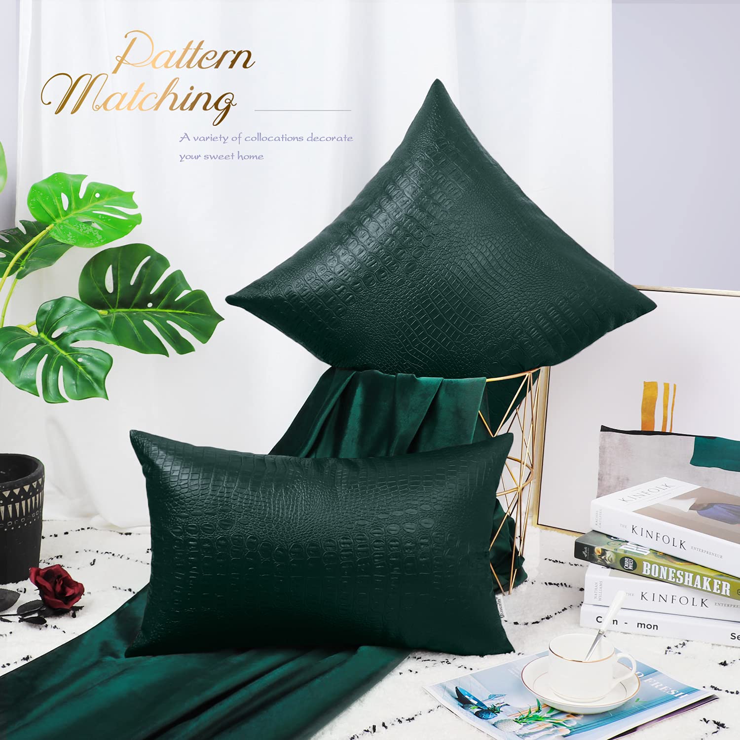 Brawarm Faux Leather Pillow Covers 20 X 20 Inches, Dark Green Leather Pillow Covers Pack Of 2, Crocodile Leather Decorative Thro