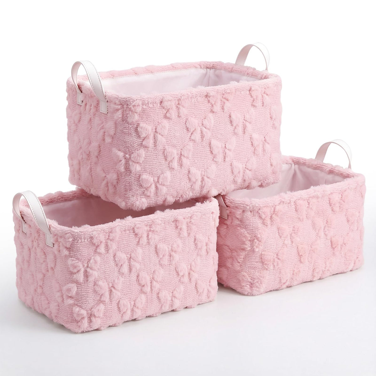 Kathfly 3 Pcs Bow Foldable Storage Baskets Pink Bow Plush Faux Fur Jacquard Design Laundry Basket with Handles Waterproof Storag