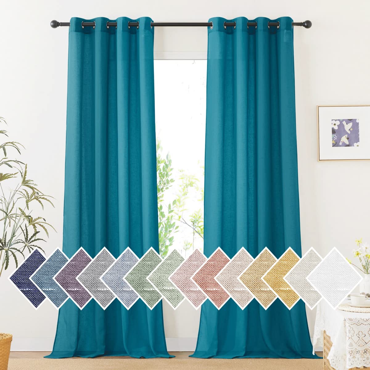Nicetown Semi Sheer Curtains Flax Linen Texture, (Peacock Green) Grommet Retro Linen Weave Window Drapes Privacy With Light Filt