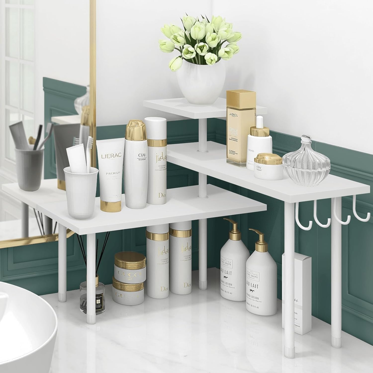 Homode Kitchen Countertop Organizer Corner Shelf, Bathroom Counter Organizers and Storage, 3 Tier Wood Shelf Organizer Space Sav