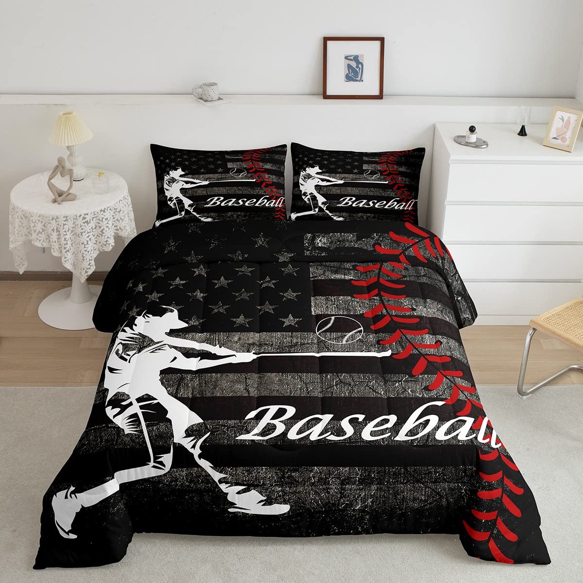 Erosebridal Boys Baseball Comforter Set Vintage American Flag Bedding Queen Size For Adult Girls Kids Ball Games Sports Theme Du