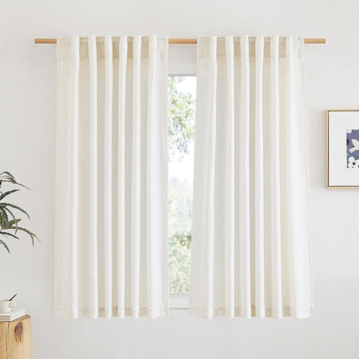 Nicetown Natural Linen Kitchen Curtains 45 Inches Long, Rod Pocket & Back Tab Semi Sheer Flax Linen Window Treatments Privacy Wi