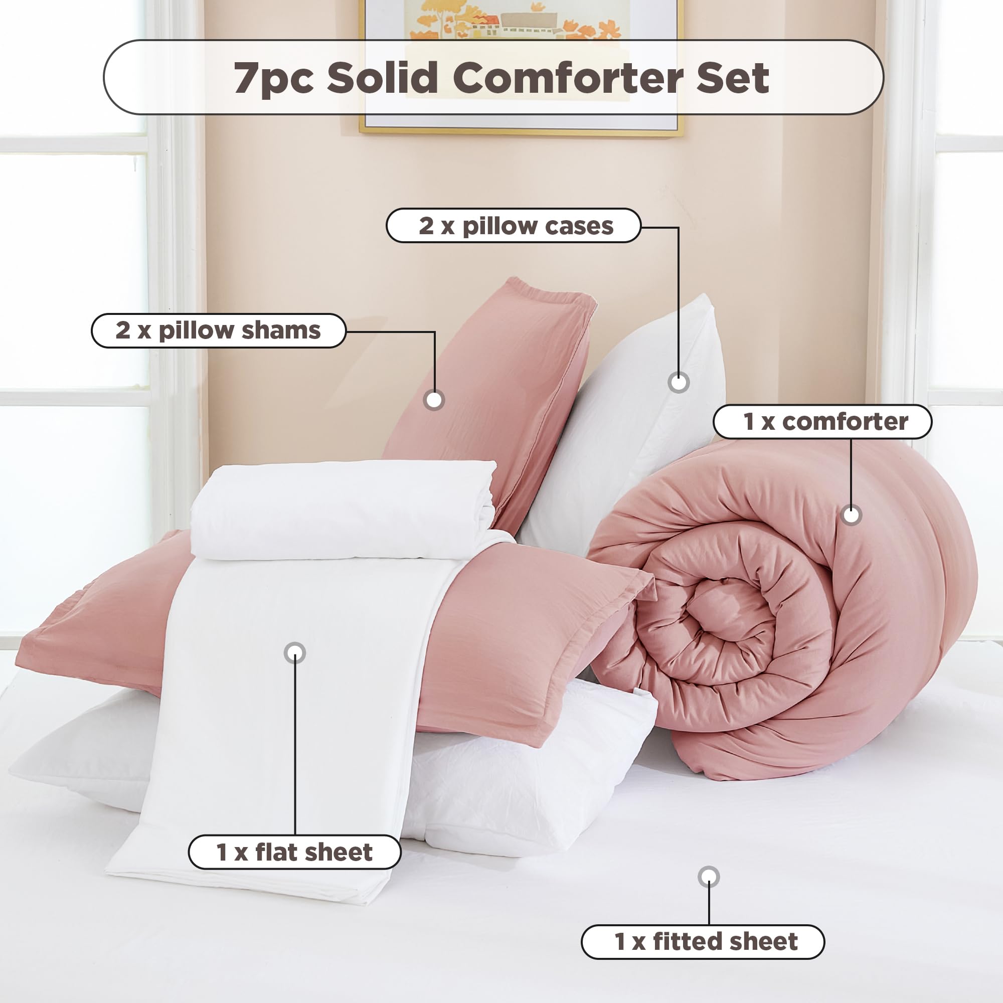 Andency Pink Comforter Set Queen Size - 7 Pieces Bed In A Bag Queen Bedding Comforter Sets, Summer Plain Soft Lightweight Comforter With Fitted Sheets, Flat Sheets, Pillowcases & Shams