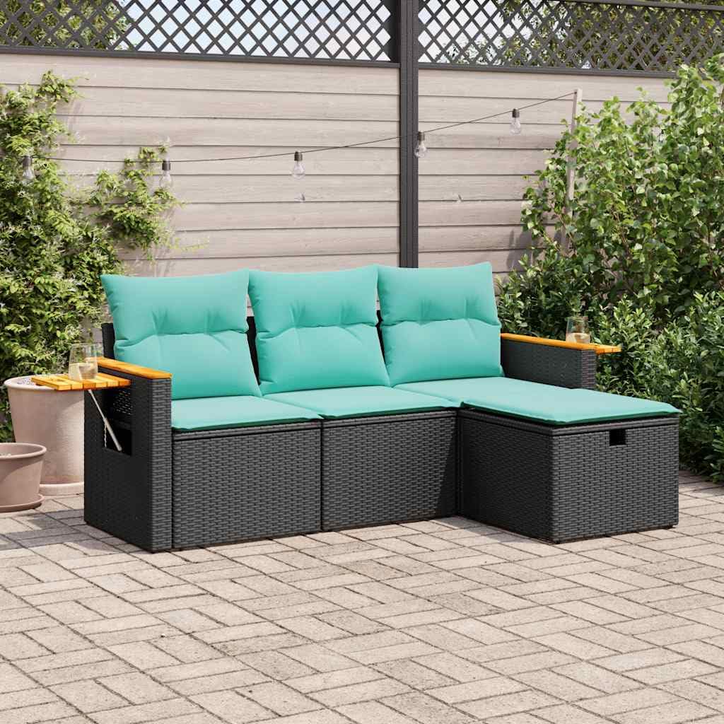 vidaXL 4-Piece Patio Sofa Set - Black Poly Rattan, Blue Cushions, for Outdoor Garden/Patio/Terrace - Weather-Resistant with Storage