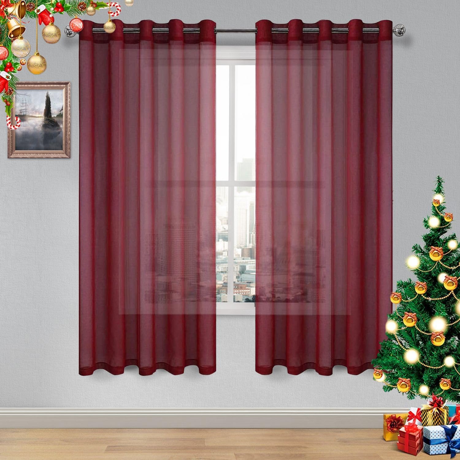 Dwcn Red Sheer Curtains, Faux Linen Grommet Window Curtain Voile Sheer Drapes For Living Room Bedroom Thanksgiving Day & Christm