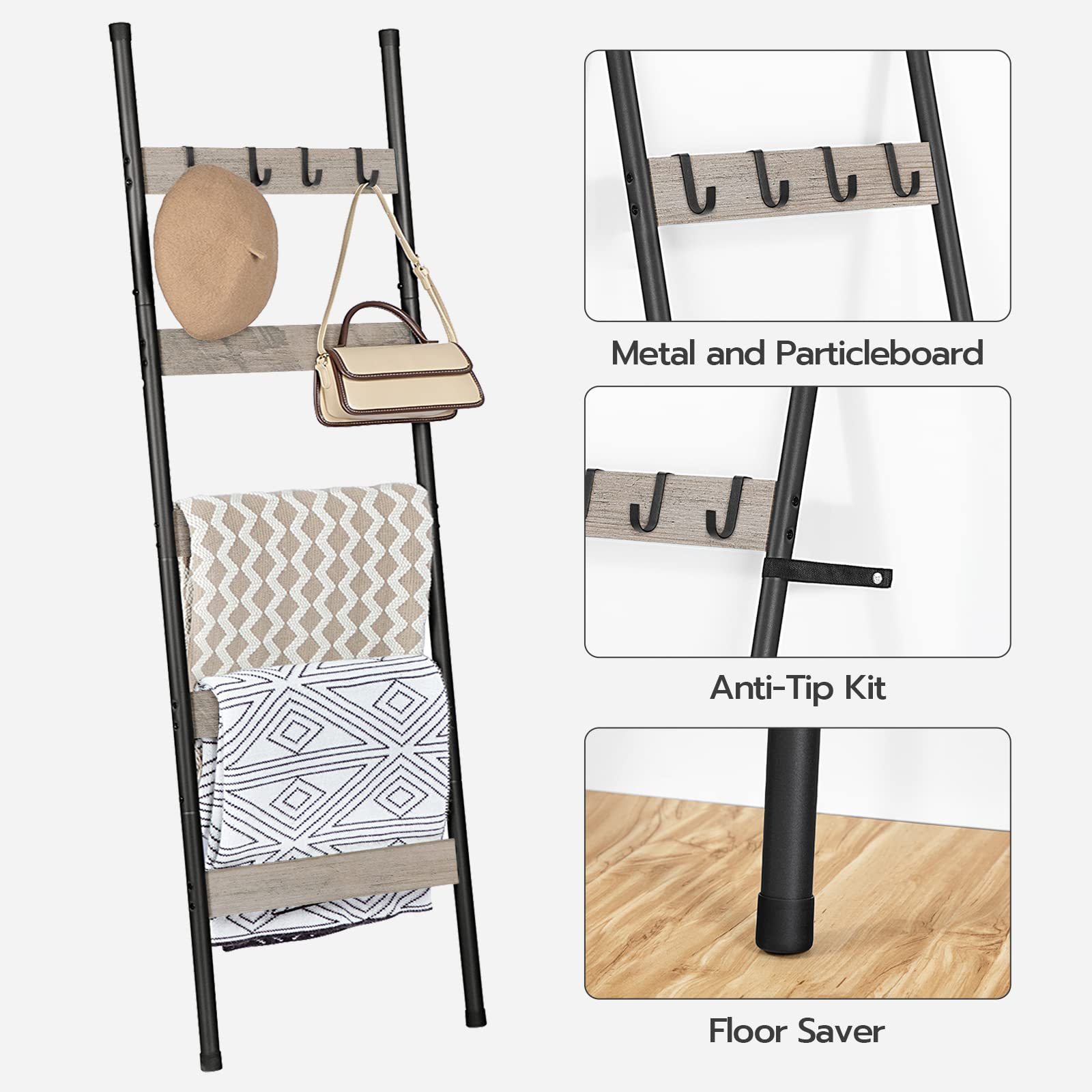 Hoobro Blanket Ladder, 5-Tier Towel Rack With Hooks, Wall-Leaning Blanket Rack, Decorative Display Ladder Shelf, Scarves, Indust