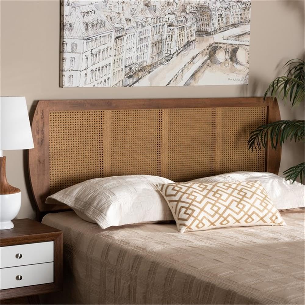 Baxton Studio Harris Mid-Century Modern Ash Walnut Finished Wood and Synthetic Rattan King Size Headboard