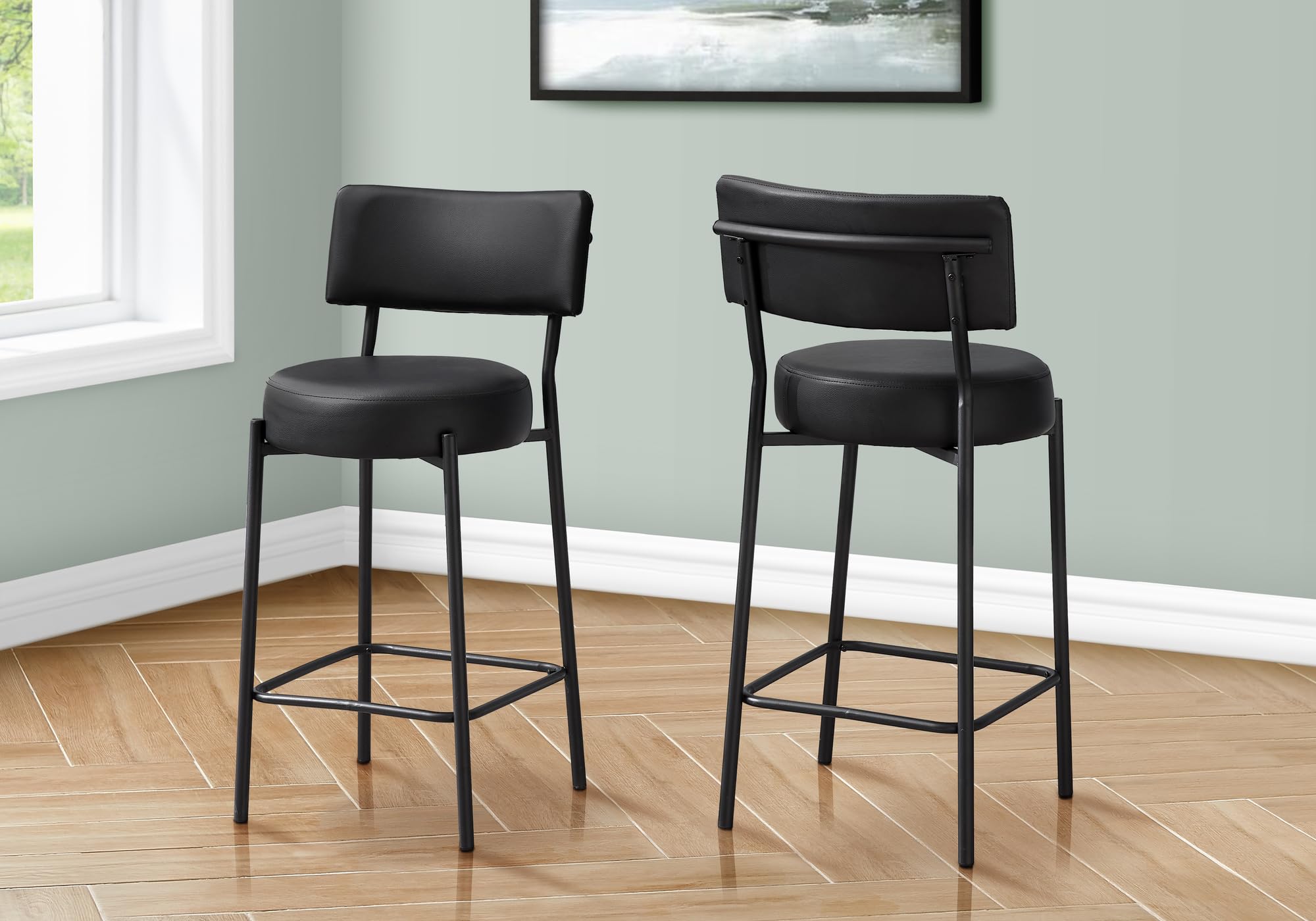 Monarch Specialties I 2245 Counter-Height Barstools, Set of 2, Sleek Black Leather-Look