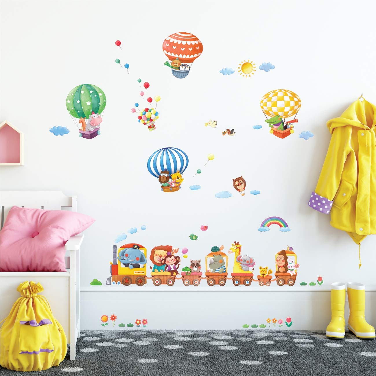 Decowall Ds-8006P8024 Animal Train And Hot Air Balloons Kids Wall Stickers Wall Decals Peel And Stick Removable Wall Stickers Fo