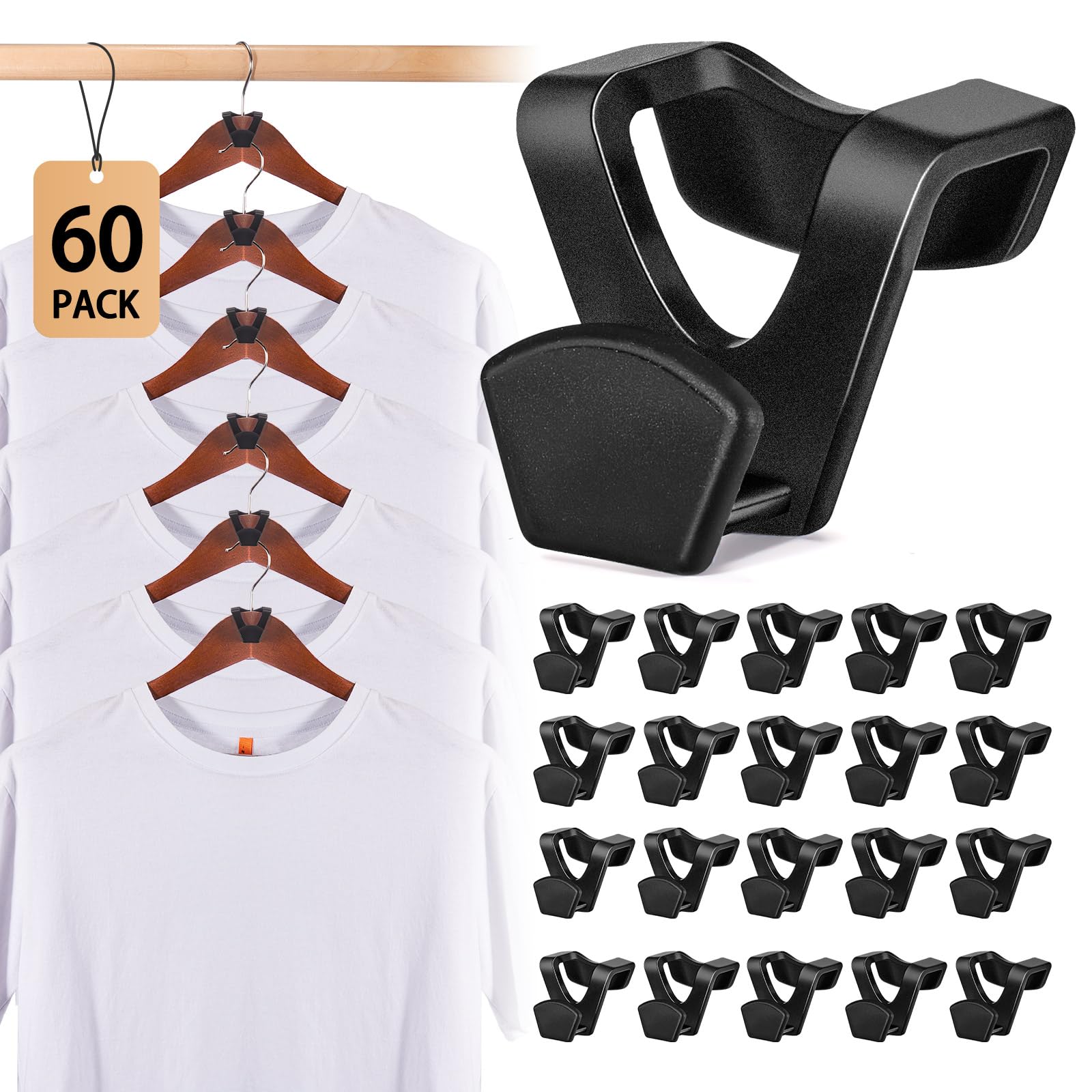 HOUSE DAY Space Saving Hanger Hooks 60 Pack, Black Clothes Hanger Connector Hooks, Heavy Duty Hanger Hooks Space Saver, Premium 