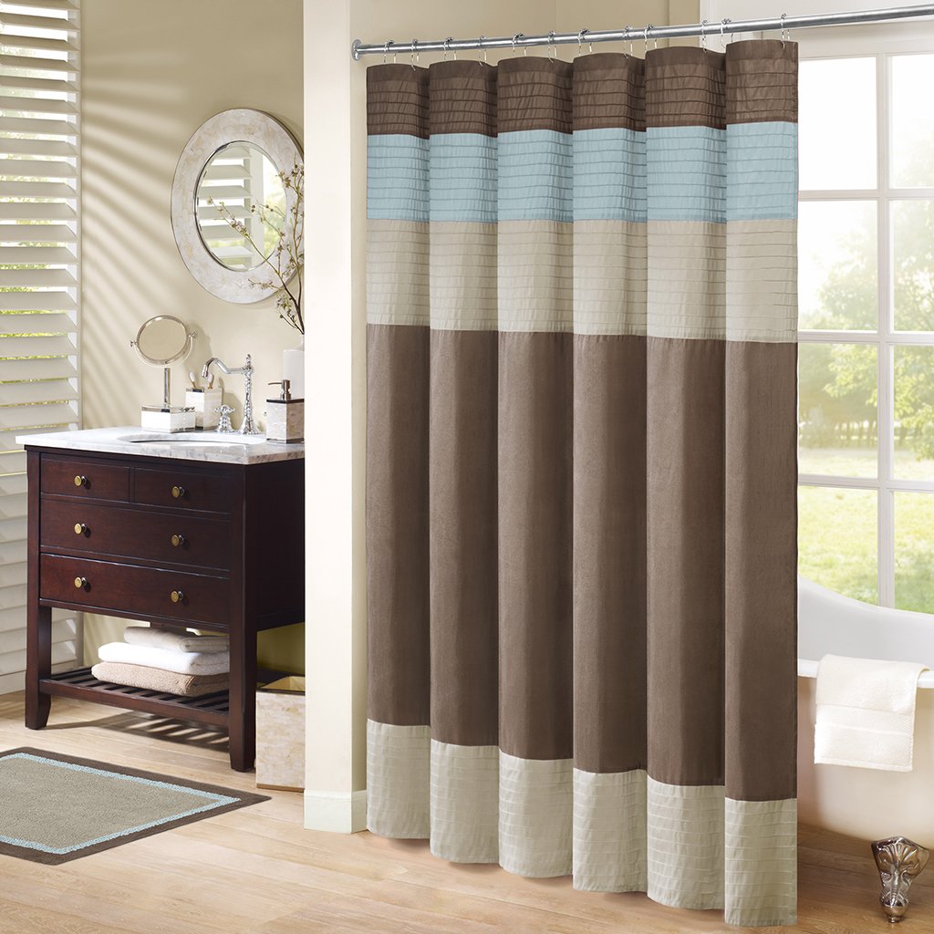 Madison Park Amherst Bathroom Shower Curtain Faux Silk Pieced Striped Modern Microfiber Bath Curtains, 72x72 Inches, Blue