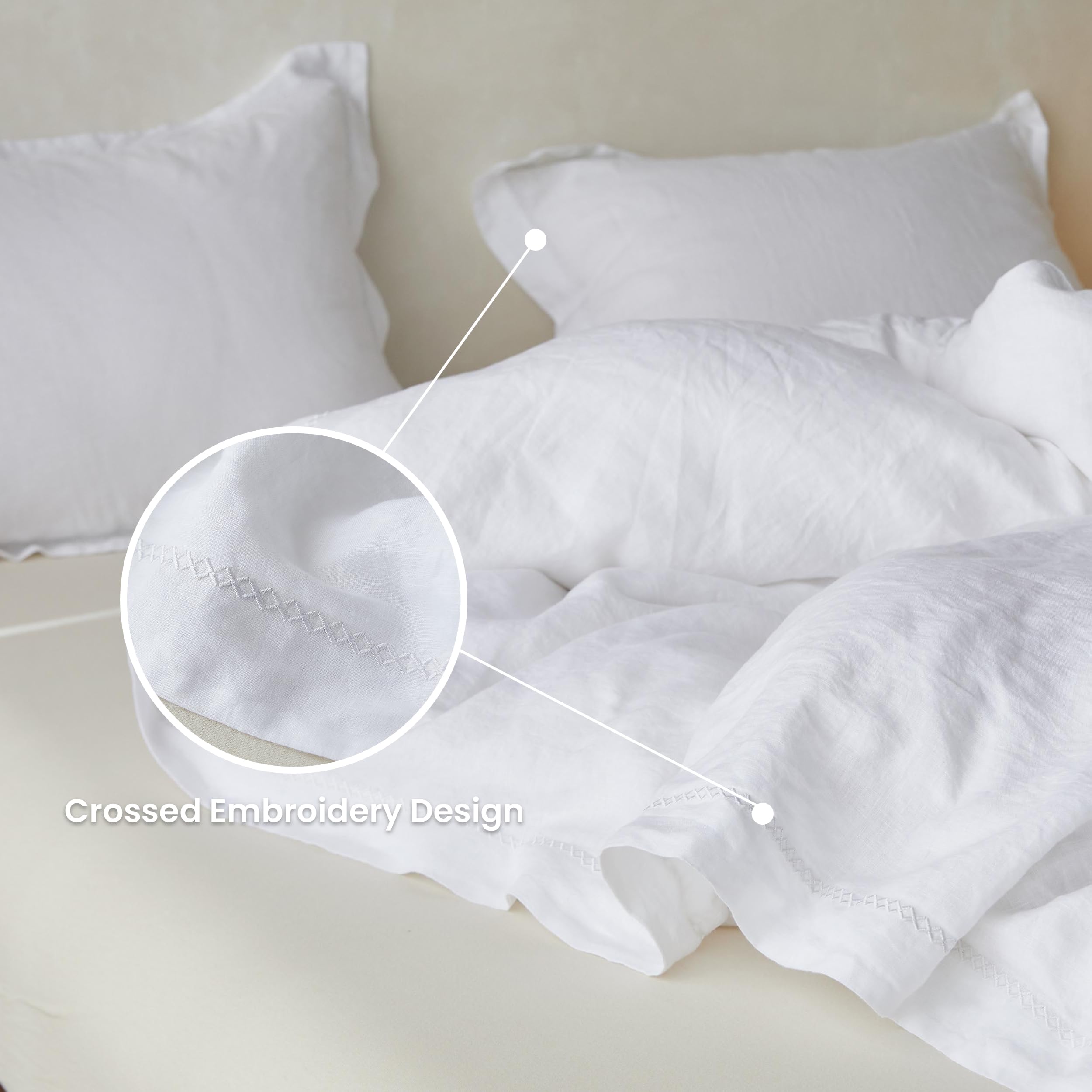Simple&Opulence 100% Linen Duvet Cover Set With Crossed Embroidery Washed - 3 Pieces (1 Duvet Cover With 2 Pillow Shams) Soft Breathable Farmhouse - White, Queen Size