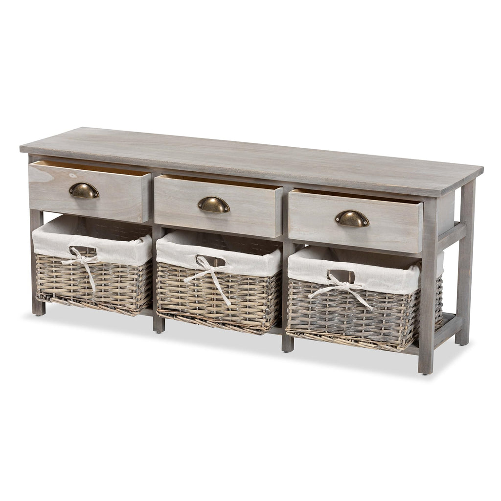 Baxton Studio Mabyn Modern and Contemporary Light Grey Finished Wood 3-Drawer Storage Bench with Baskets