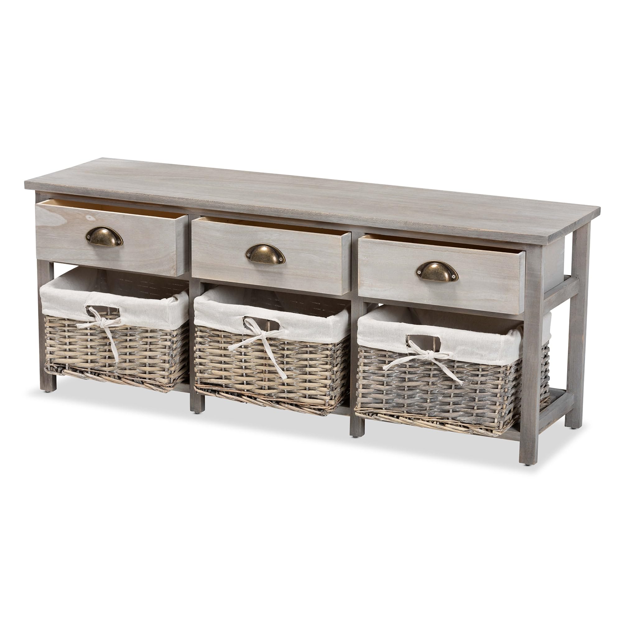 Baxton Studio Mabyn Modern and Contemporary Light Grey Finished Wood 3-Drawer Storage Bench with Baskets