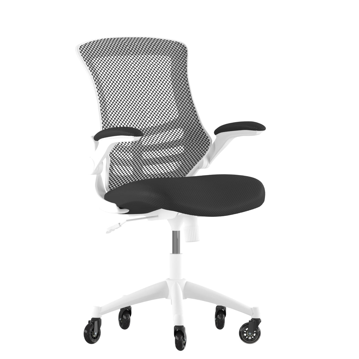 Flash Furniture Kelista Mid-Back Black Mesh Swivel Ergonomic Task Office Chair With White Frame, Flip-Up Arms, And Transparent Roller Wheels