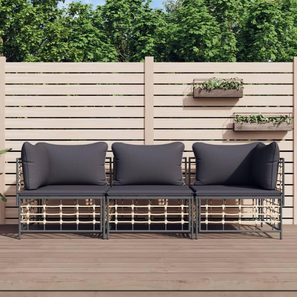 vidaXL 3 Piece Patio Lounge Set - Comfortable Anthracite Poly Rattan Furniture with Cushions, Modular Design for Garden Terrace Deck