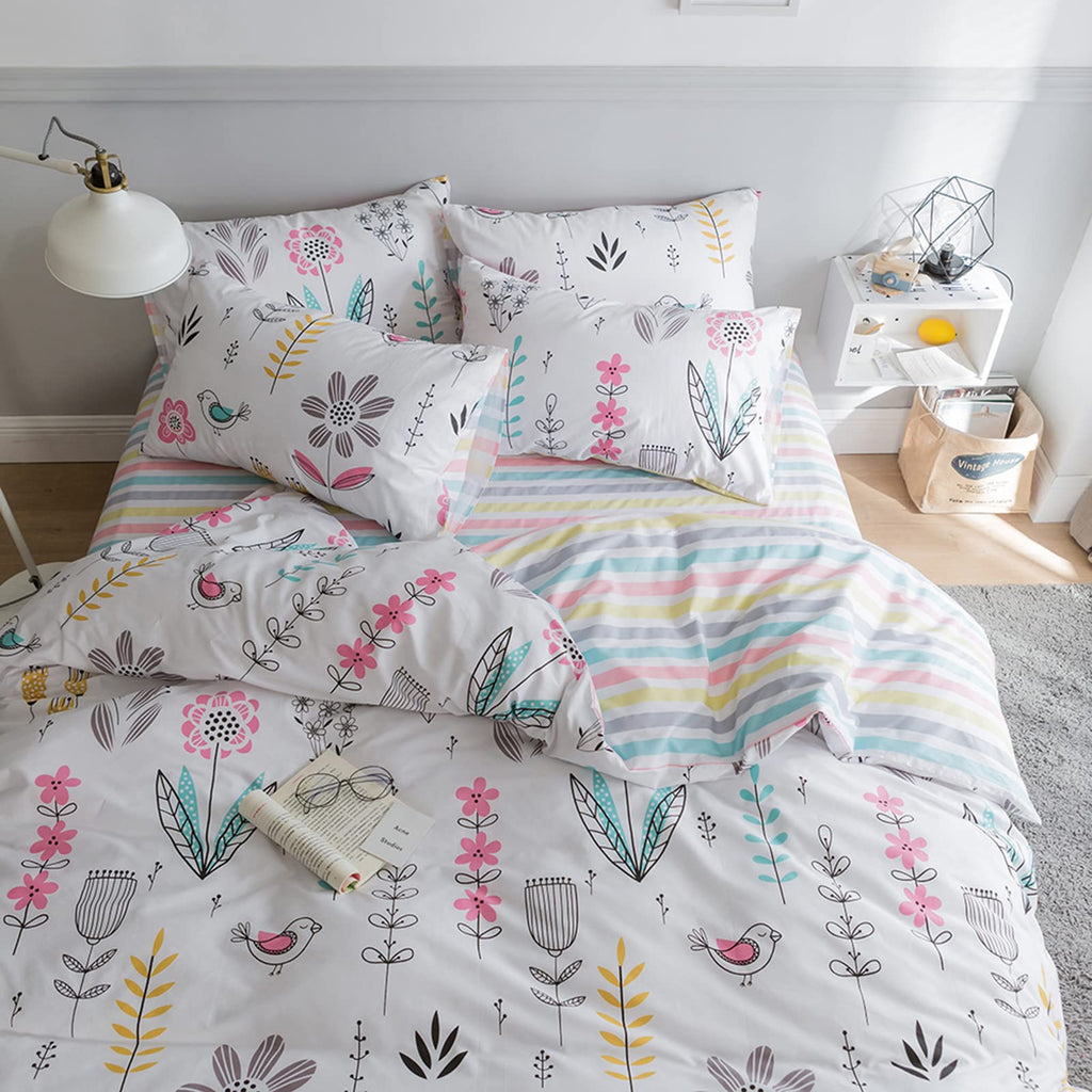 HighBuy Floral Printed Bedding Sets Full Duvet Cover Girls Cotton Comforter Cover Full Size Garden Aesthetic Reversible Striped 