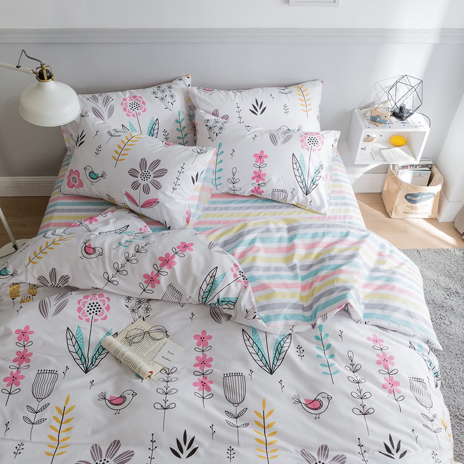 HighBuy Floral Printed Bedding Sets Full Duvet Cover Girls Cotton Comforter Cover Full Size Garden Aesthetic Reversible Striped 