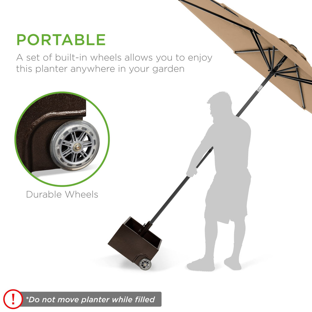 Best Choice Products 150Lb Capacity Portable Steel Umbrella Base Stand For Outdoor, Patio, Garden, Market W/Fillable Planter, Drainage, 2 Adjustment Knobs, Handle, Wheels