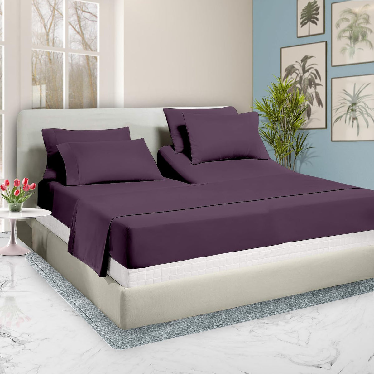 34 Inch Top Split King Flex Head Sheet Set For Sleep Number Beds -1000 Thread Count Egyptian Cotton Sheet Set Plum Solid Fits Up