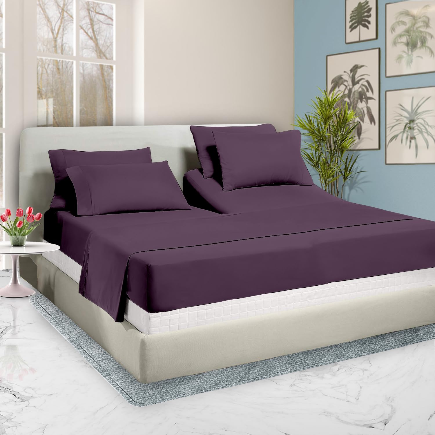 34 Inch Top Split King Flex Head Sheet Set For Sleep Number Beds -1000 Thread Count Egyptian Cotton Sheet Set Plum Solid Fits Up