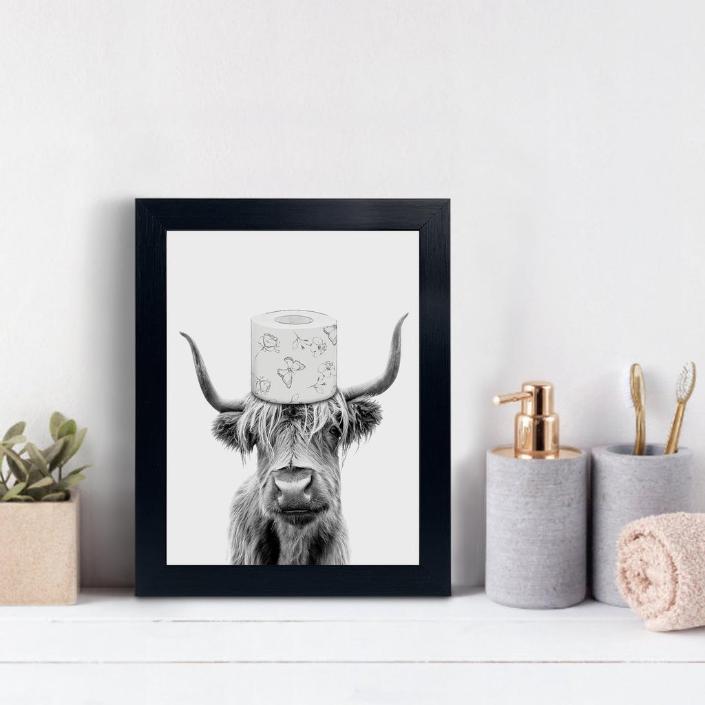 Toilet Paper On Head,Black Framed Funny Animal Prints, Vintage Black And White Rustic Style Cute Bathroom Cow Canvas Art Poster