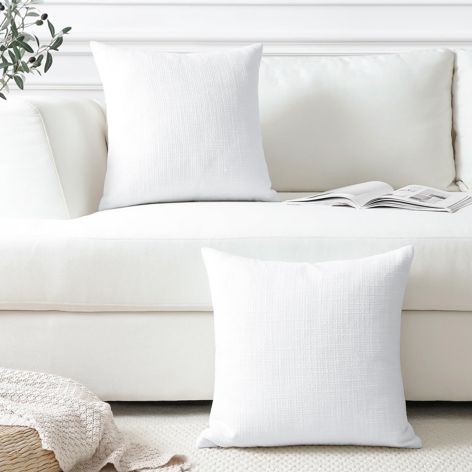 Otostar Linen Throw Pillow Covers Set Of 2 Decorative Square Pillowcases Cushion Covers 22X22 Inch For Home Decor Sofa Bedroom Car 55 X 55 Cm Pure White