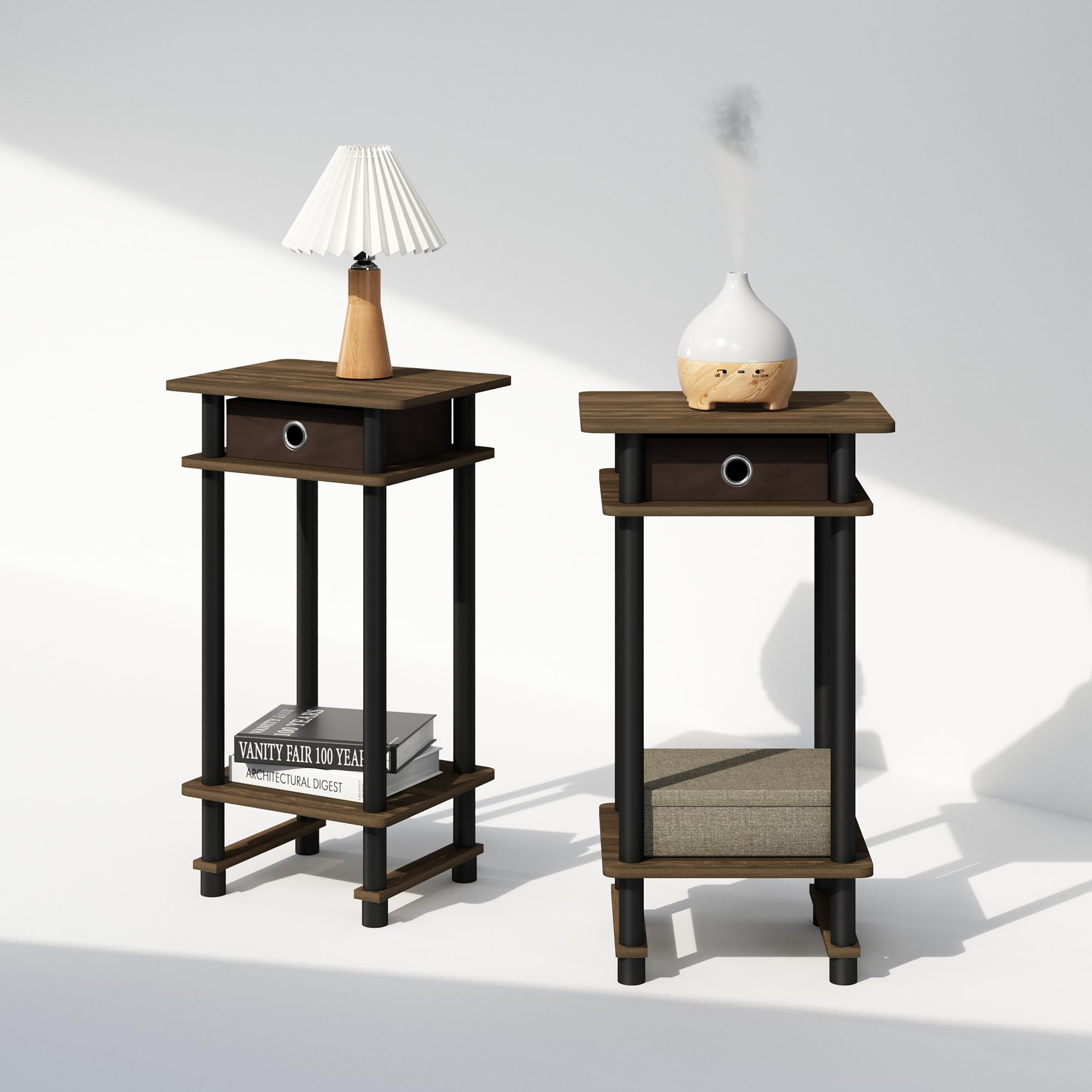 Furinno Turn-N-Tube Tall Nightstand With Bin, 2-Pack, Plastic Poles, Columbia Walnut/Black/Dark Brown