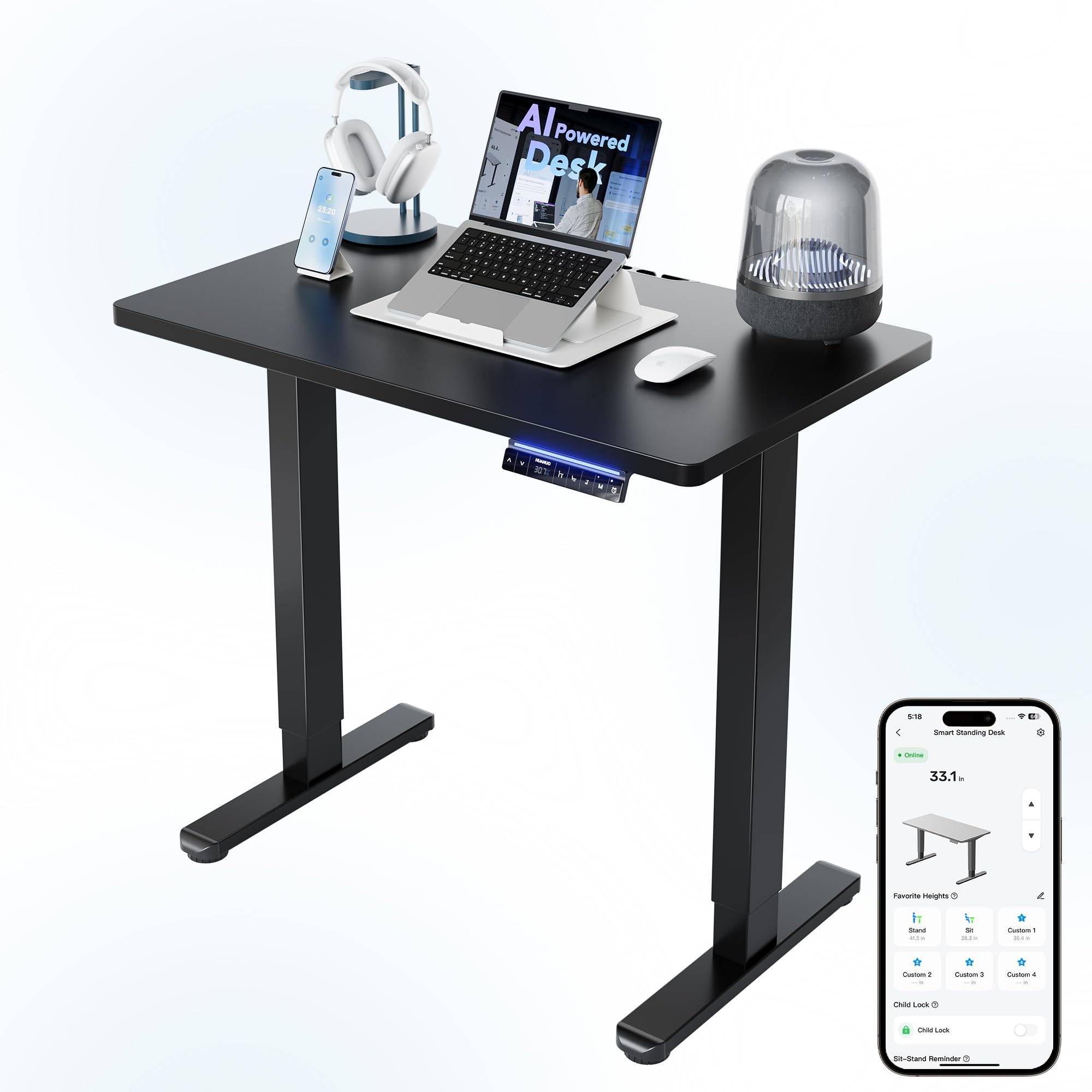 HUANUO One-Piece AI-Powered Electric Standing Desk, Smart APP, Compatible with Alexa & Google, Adjustable Height, 6 Memory Setti