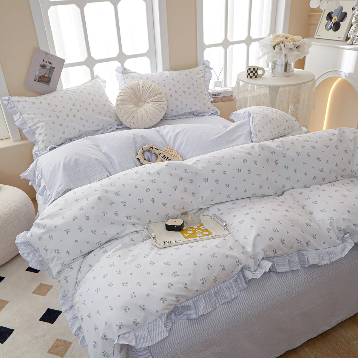 Amztop Chic Blue Ruffle Floral 100% Cotton Duvet Cover Queen Size Set, 3Pcs Teen Girls Flower Comforter Cover With Zipper Closur