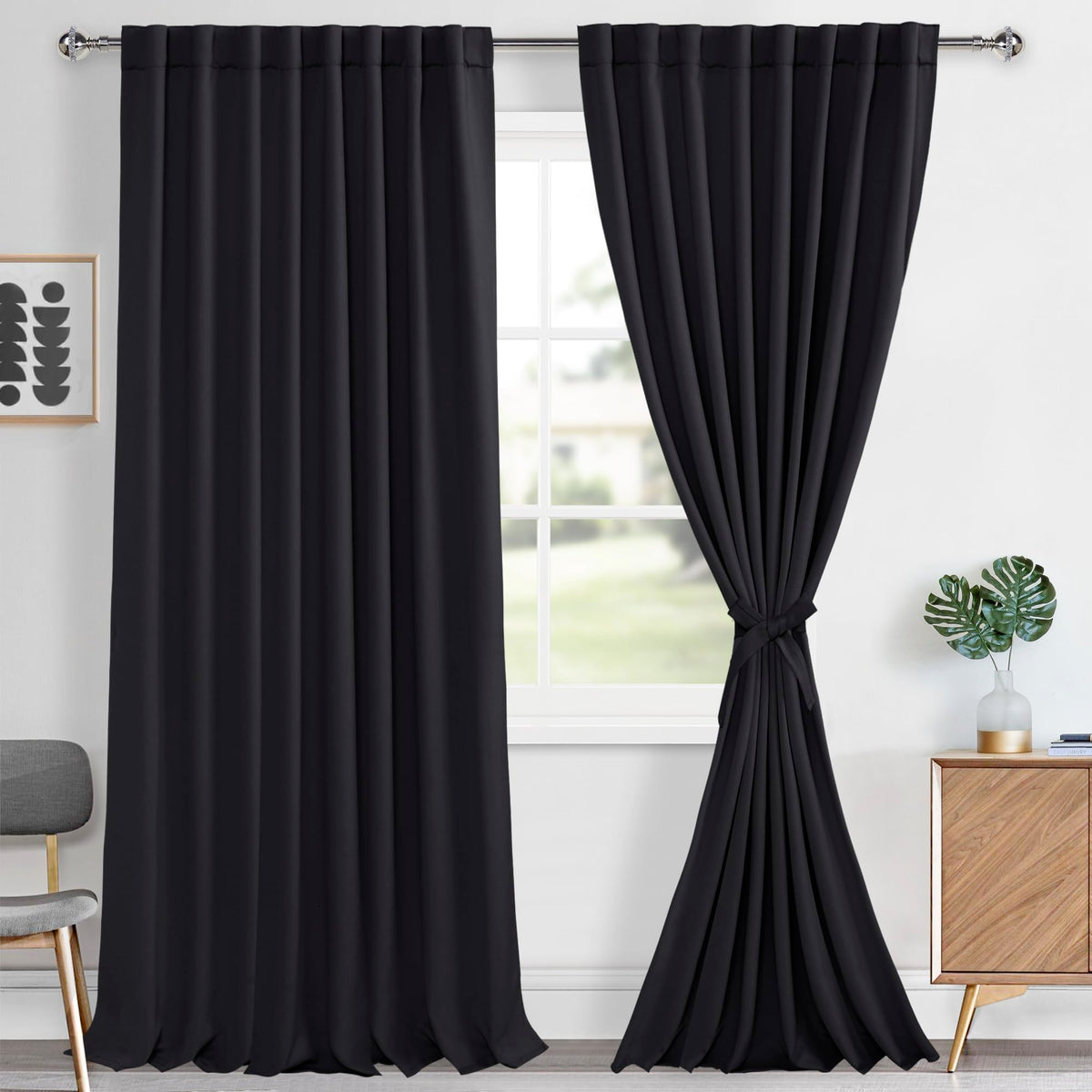 Hiasan Tall Black Curtains 2 Panels For Living Room, Back Tab & Rod Pocket Long Blackout Curtains 108 Inches Long, Thermal Room