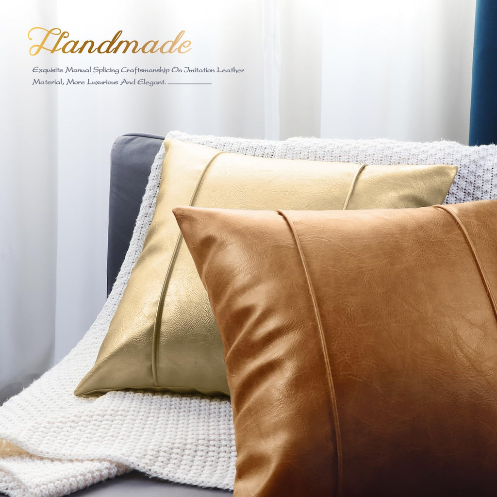 BRAWARM Tan Faux Leather Throw Pillow Cover with Piping, Hand Stitched, 18 x 18 Inches