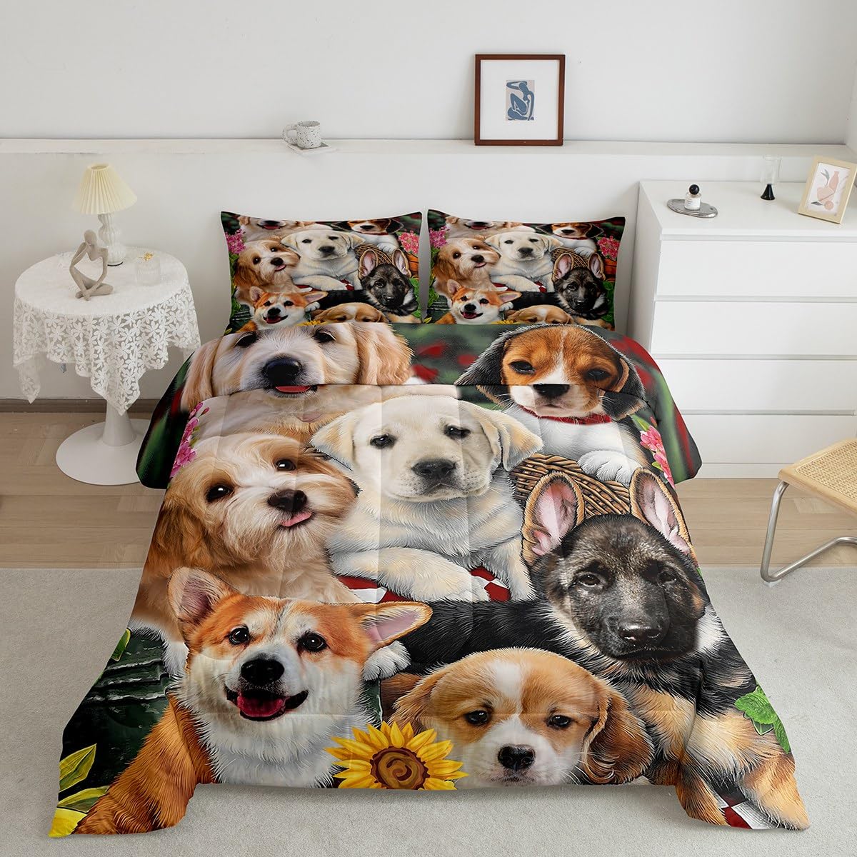 Dog Bedding Set For Boys Kids Kawaii Room Decor Comforter Set Cute Pet Puppy Quilt Set Toddler Lovely Kawaii Pug German Shepherd Bedding Bedroom Collection 2Pcs Twin Size, With 1 Pillowcase