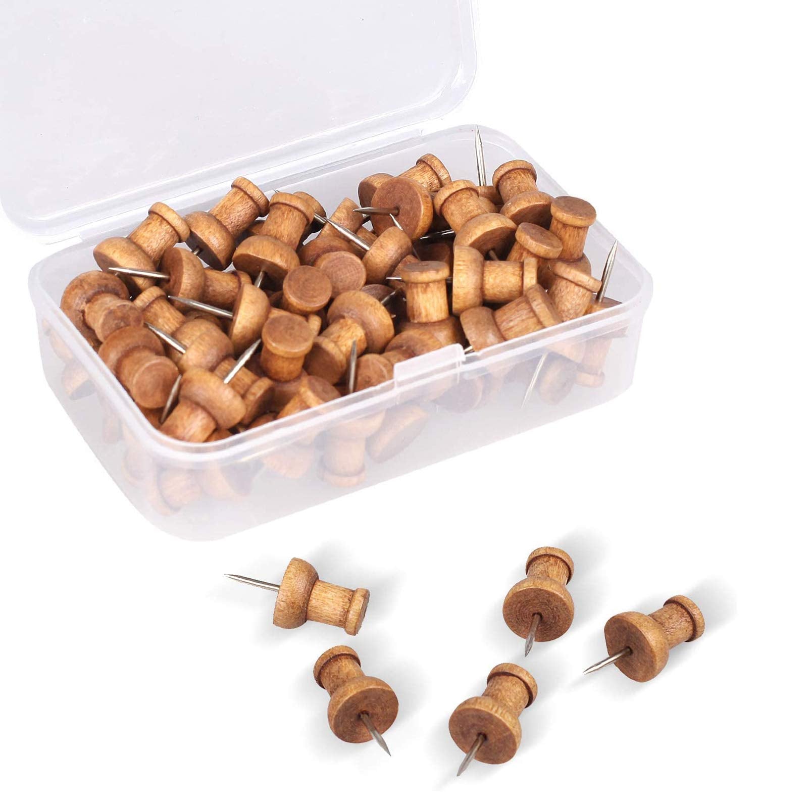 120 Pcs Wood Push Pins, Walnut, Standard, Wooden Thumb Tacks Decorative For Cork Boards Map Photos Calendar And Home Office Craf