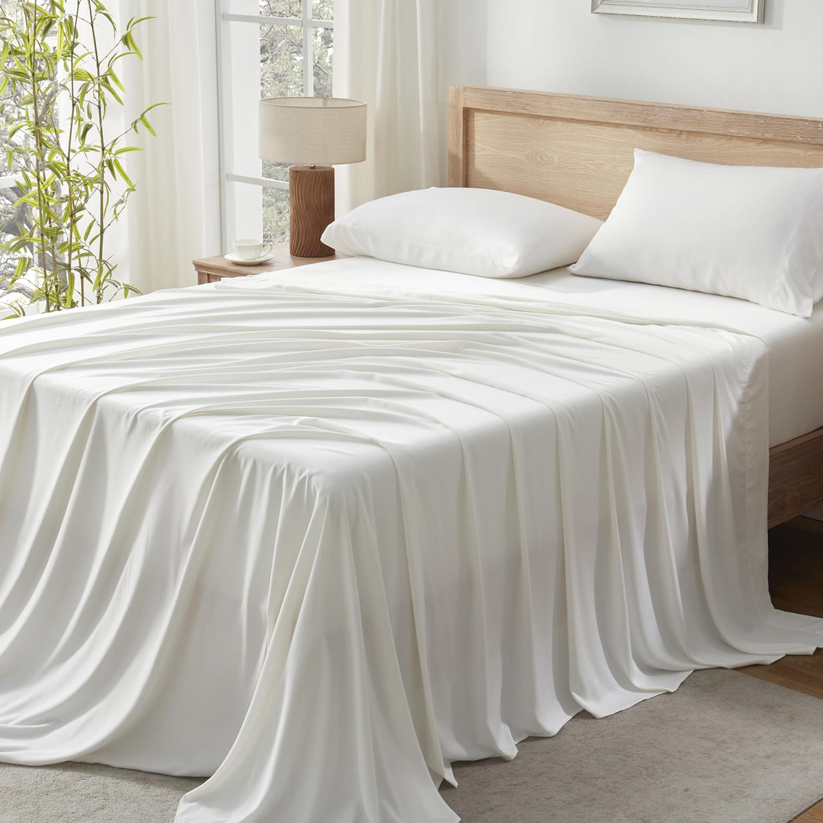 Andency Ivory Queen Sheets Set, 100% Viscose Derived From Bamboo, Cooling Bed Sheets Queen Size, Deep Pocket Up To 16', Silky S