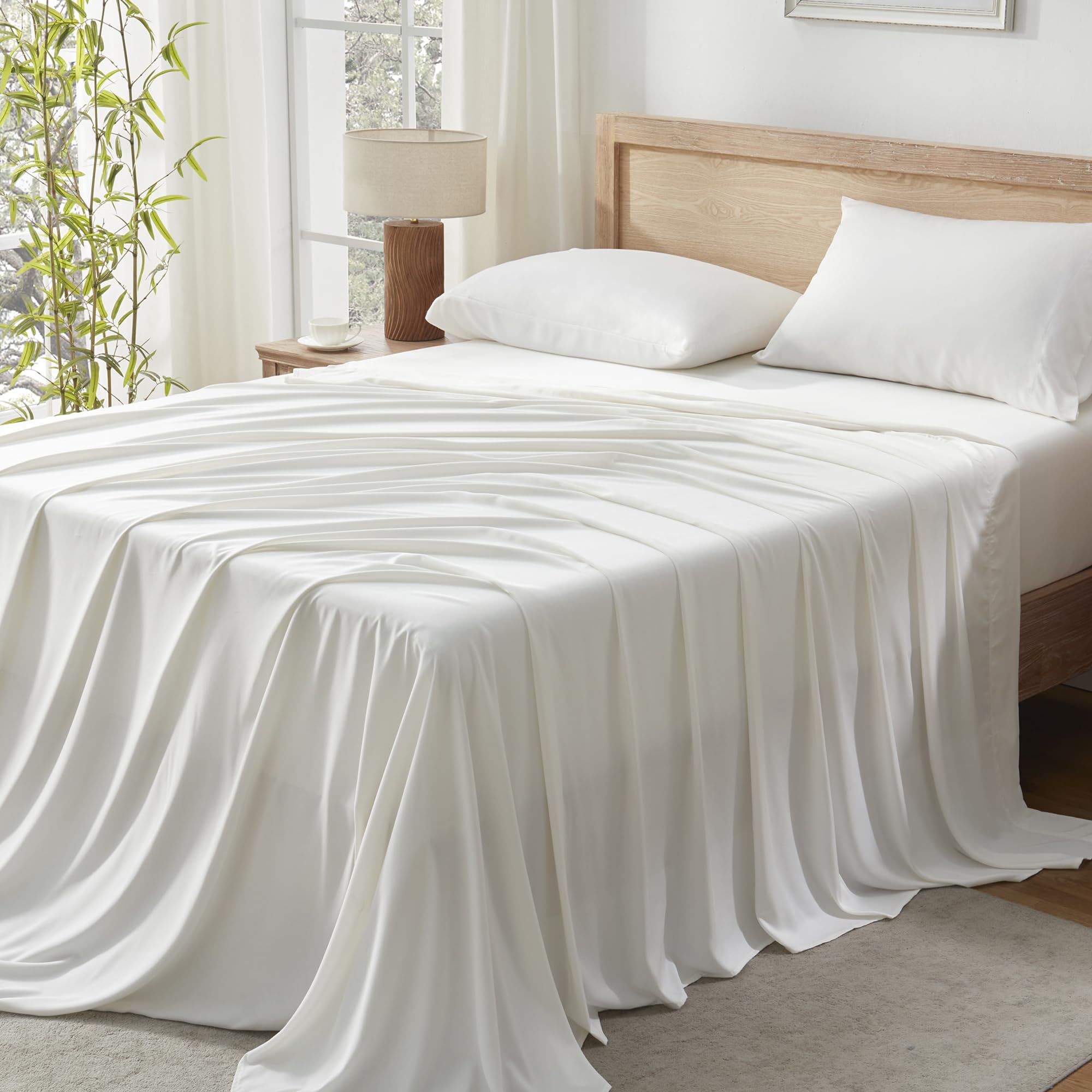 Andency Ivory Queen Sheets Set, 100% Viscose Derived From Bamboo, Cooling Bed Sheets Queen Size, Deep Pocket Up To 16', Silky S