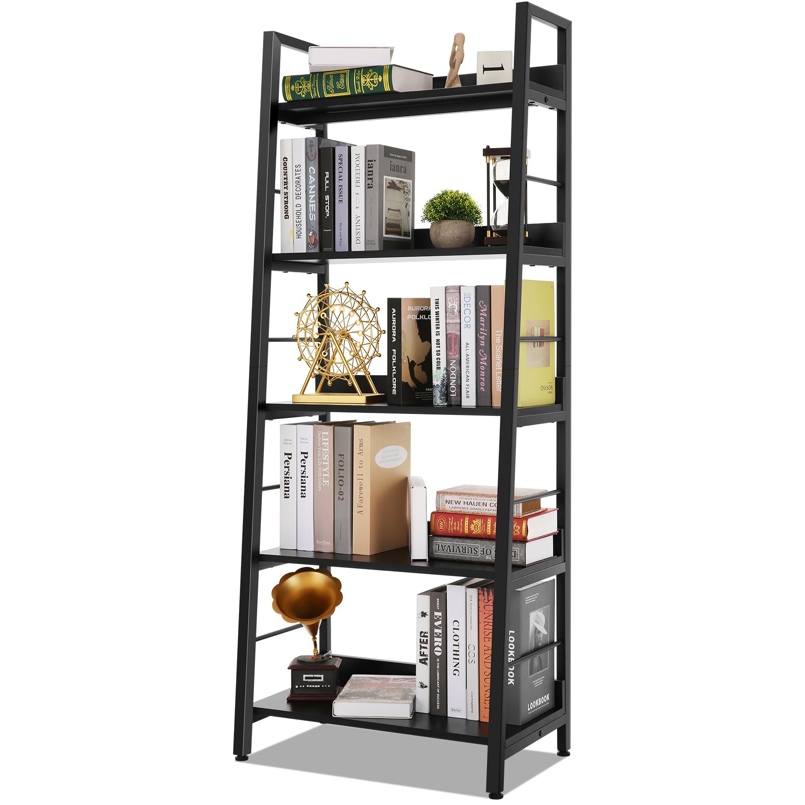 Himimi Black Ladder Bookshelf, 5 Shelf Bookcase Industrial Bookshelf Wood and Metal Bookshelves, Plant Flower Stand Rack Book St