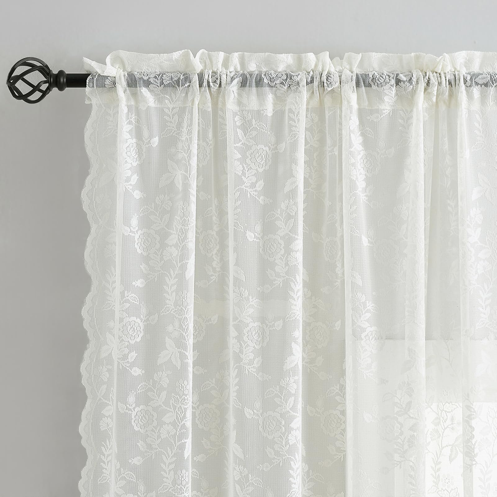 Finecity Lace Curtains 80 Inches Long 2 Panels Set Rustic Leaf Floral Knitted Vintage Lace Curtains For Bedroom Living Room Rod