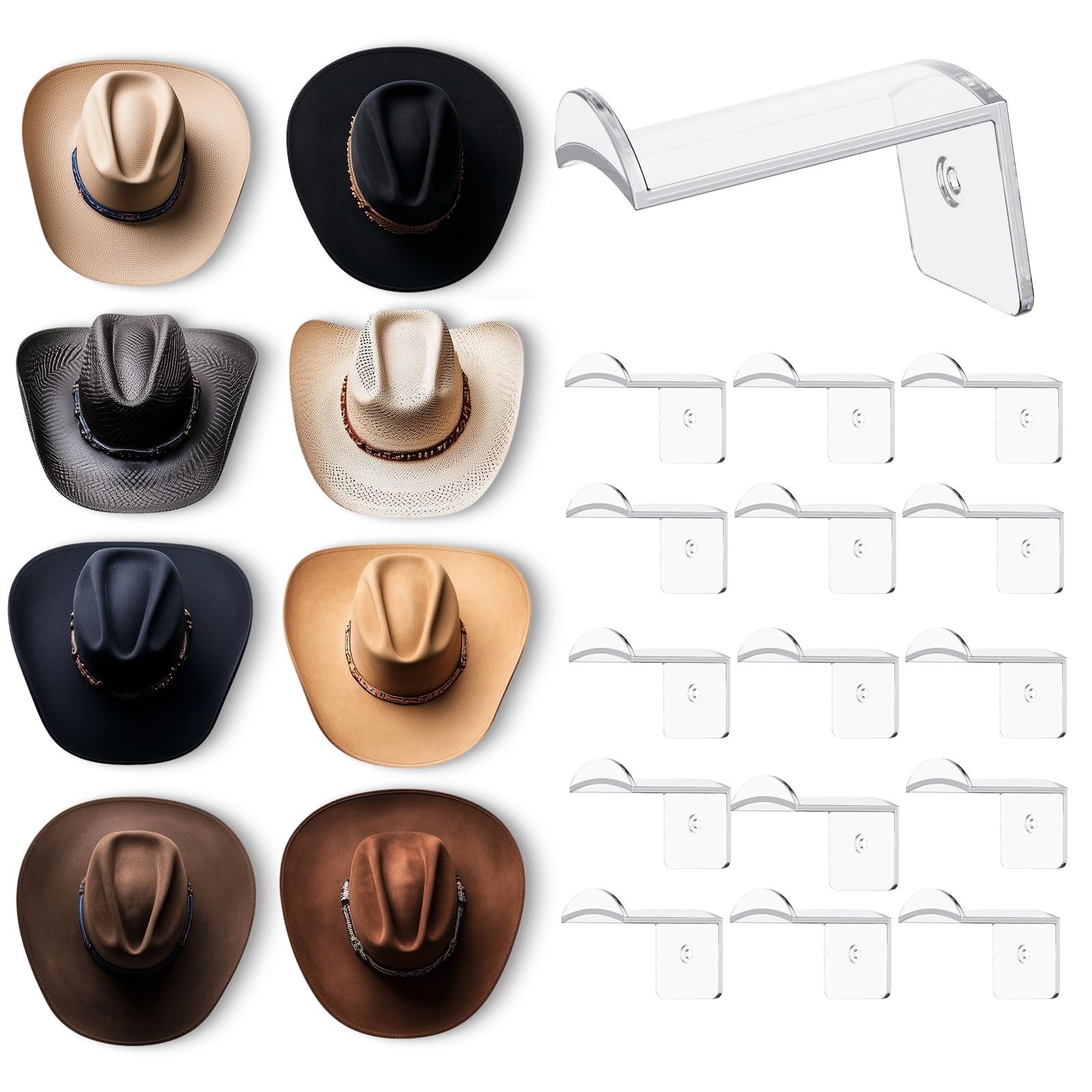 Aoodaily 2.8 Inch Hat Hooks for Wall - (16 Pack) Cowboy Hat Rack, Strong Adhesive Cap Holder, Organizer for Baseball Caps, Weste