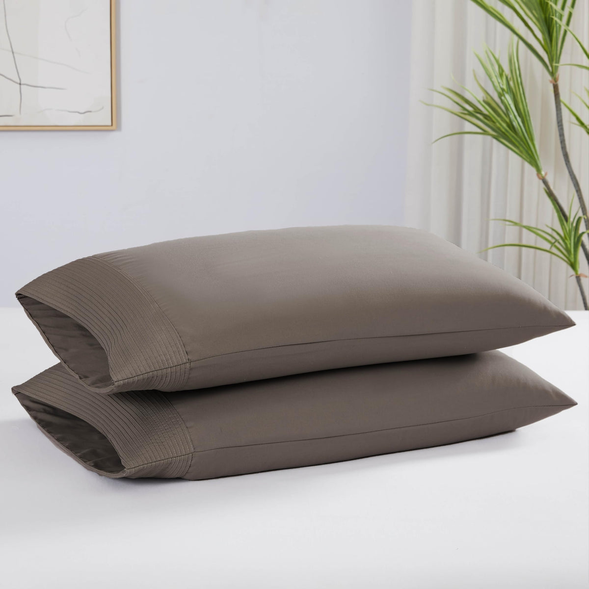 Southshore Fine Living, Inc. Pleated Taupe Pillow Cases Queen Size Set Of 2, Luxurious Brushed Microfiber Pillowcases For Full,