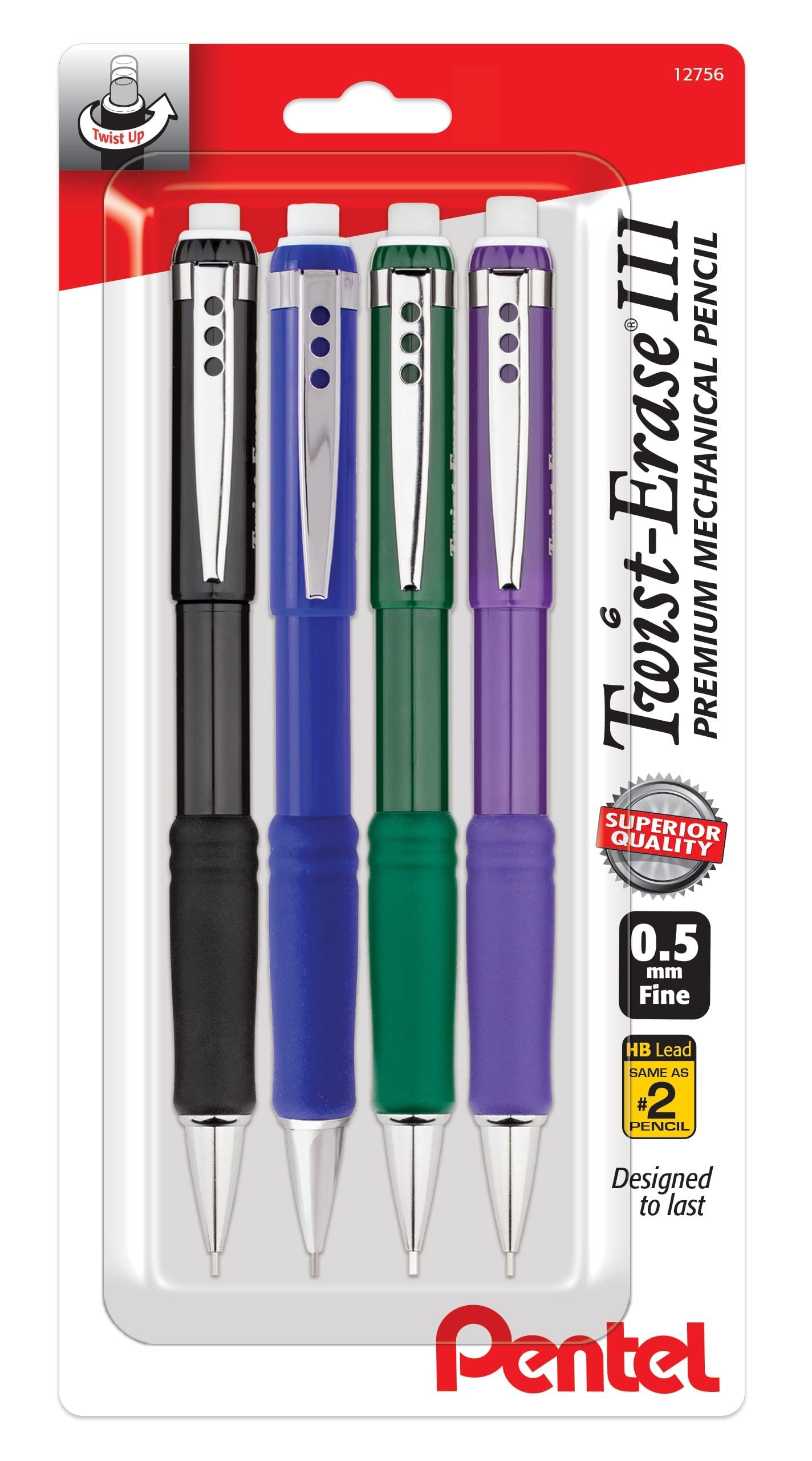 Pentel Twist Erase Iii Premium Mechanical Pencil 0.5Mm 4 Pack Assorted Barrels (1 Each Black, Blue, Green, Violet)