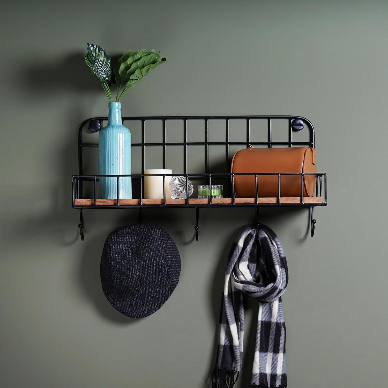 Treeadge Arts Wall Key Holder With Wooden Shelf, Metal Key Holder With 5 Key Hooks, Storage Basket For Letters, Notes, KeysBlac
