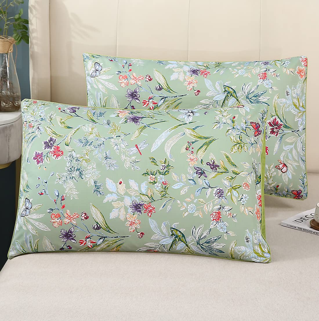 Winlife 100% Cotton Pillowcases 1000 Thread Count Pillow Cases Standard/King Size Pillow Cover Set Of 2 (Queen 20X30', Green Fl