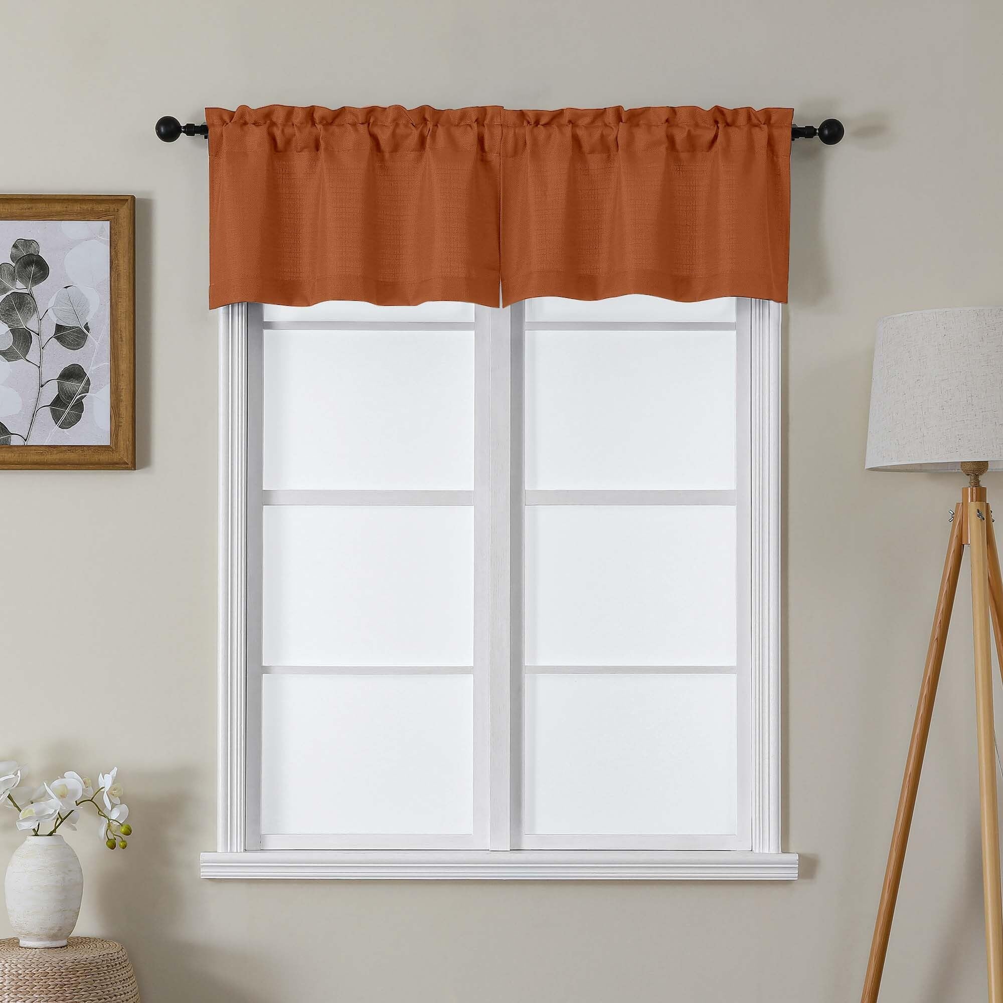 Lecloud Bessie Orange Valances for Windows 14 Inch Length 2 Pcs, Faux Linen Textured Cafe Kitchen Curtains, Rod Pocket Short Cur